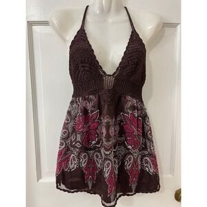 Y2K Bebe Silk Blend Crochet Halter Top XS Boho Festival Sheer Fairy Hippie